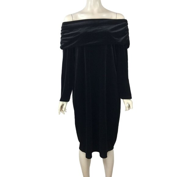 TRAVELERS BY CHICO'S - WOMEN'S 2 - BLACK VELVET VELOUR OFF SHOULDER DRESS - Picture 1 of 7